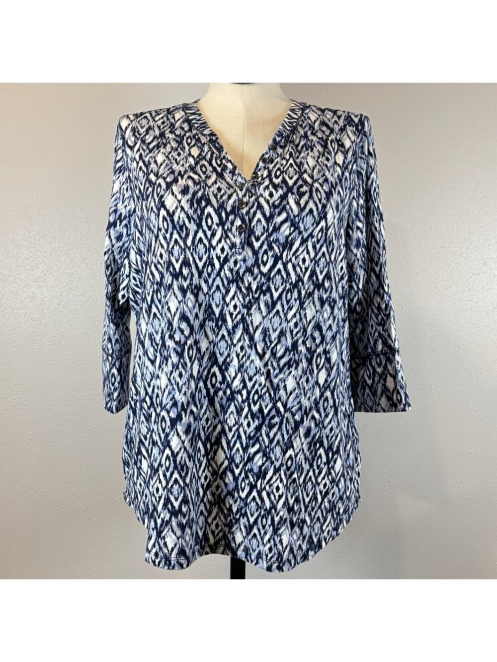 Relativity Tunic Blouse Womens Size 1X Multicolor Geometric 3/4 Sleeve Blue Plus